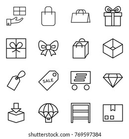 Thin line icon set : gift, shopping bag, bow, box, label, sale, delivery, diamond, package, parachute, rack