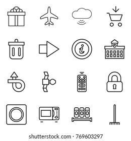 Thin line icon set : gift, plane, cloud wireless, add to cart, bin, right arrow, info, university, trip, satellite, remote control, locked, ring button, microwave oven, spices, rake