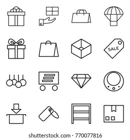 Thin line icon set : gift, shopping bag, parachute, box, sale label, delivery, diamond, necklace, package, rack