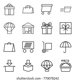 Thin line icon set : gift, shopping bag, delivery, parachute, warehouse, cargo stoller, dry, package, washing powder