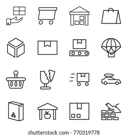 Thin line icon set : gift, delivery, warehouse, shopping bag, 3d, package box, transporter tape, parachute, basket, broken, fast deliver, car baggage, cereals, construct garbage