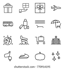 Thin line icon set : gift, plane, bus, passenger, lounger, disco ball, aquapark, baggage trolley, hotel, golf, jet ski, pumpkin, shining