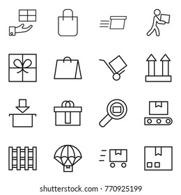 Thin line icon set : gift, shopping bag, delivery, courier, trolley, cargo top sign, package, hi quality, search, transporter tape, pallet, parachute, fast deliver