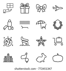 Thin line icon set : gift, bow, plane, passenger, lounger, hawaiian wreath, disco ball, aquapark, starfish, baggage trolley, hotel, golf, rabbit, pumpkin