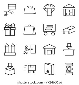 Thin line icon set : gift, shopping bag, parachute, warehouse, delivery, cargo top sign, courier, package, fast deliver, cereals, pasta