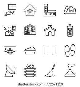 Thin line icon set : gift, wireless home, mansion, project, architector, office, bungalow, remote control, surveillance camera, washing, window, slippers, satellite antenna, plate, broom, plunger