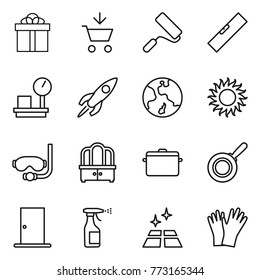 Thin line icon set : gift, add to cart, repair, level, warehouse scales, rocket, earth, sun, diving mask, dresser, pan, door, sprayer, clean floor, gloves