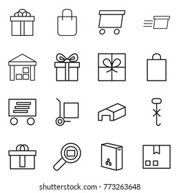 Thin line icon set : gift, shopping bag, delivery, warehouse, cargo stoller, do not hook sign, hi quality package, search, cereals