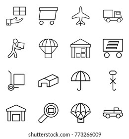 Thin line icon set : gift, delivery, plane, truck, courier, parachute, warehouse, cargo stoller, dry, do not hook sign, search, pickup