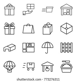 Thin line icon set : gift, delivery, warehouse, shopping bag, box, consolidated cargo, dry, pallet, parachute, fast deliver, washing powder