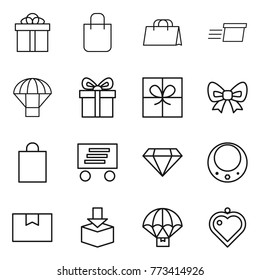Thin line icon set : gift, shopping bag, delivery, parachute, bow, diamond, necklace, package box, heart pendant