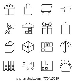 Thin line icon set : gift, shopping bag, delivery, courier, warehouse, box, consolidated cargo, dry, pallet, fast deliver, package, washing powder