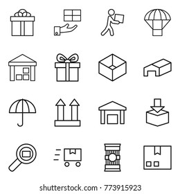 Thin line icon set : gift, courier, parachute, warehouse, box, dry cargo, top sign, package, search, fast deliver, pasta