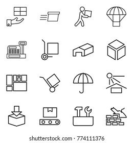 Thin line icon set : gift, delivery, courier, parachute, cashbox, cargo stoller, warehouse, 3d, consolidated, trolley, dry, sun potection, package, transporter tape, repair tools, construct garbage
