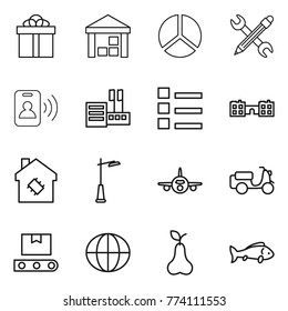 Thin line icon set : gift, warehouse, diagram, pencil wrench, pass card, store, list, school, smart house, outdoor light, plane, scooter shipping, transporter tape, globe, pear, fish