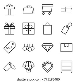 Thin line icon set : gift, shopping bag, delivery, label, sale, diamond, package box, parachute, heart pendant, rack