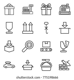 Thin line icon set : gift, cashbox, fragile, cargo top sign, do not hook, package, search, transporter tape, broken, car baggage, washing powder, construct garbage