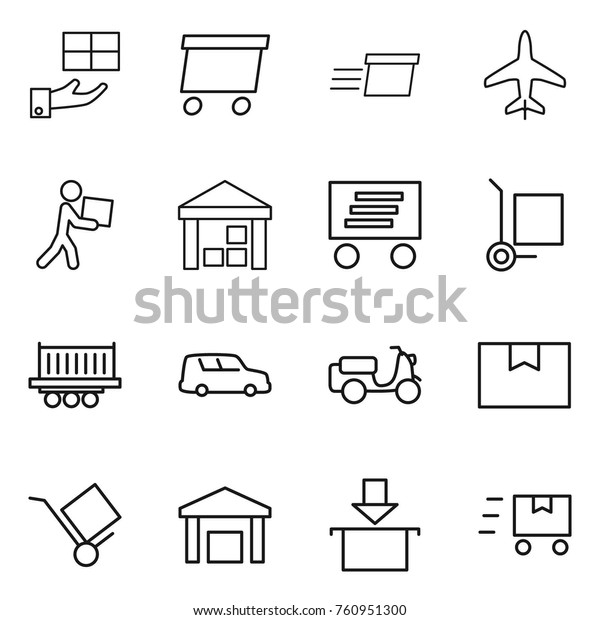 Thin line icon set : gift, delivery, plane,\
courier, warehouse, cargo stoller, truck shipping, car, scooter,\
package box, trolley, fast\
deliver