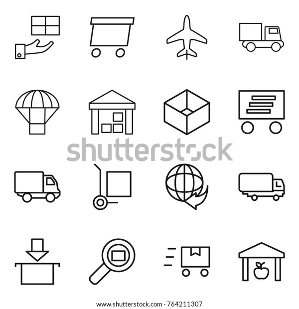 Thin line icon set : gift, delivery, plane,\
truck, parachute, warehouse, box, cargo stoller, shipping, package,\
search, fast deliver