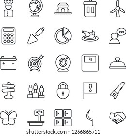Thin Line Icon Set - globe vector, lock, checkroom, pedestal, trowel, saw, butterfly, sickle, scales, signpost, important flag, heavy, speaker, pie graph, calculator, cook, reception, cafe building