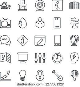 Thin Line Icon Set - globe vector, brainstorm, bulb, job, water drop, fireplace, signpost, package, settings, dialog, mobile, phone back, notes, lock, presentation board, house with garage, fence