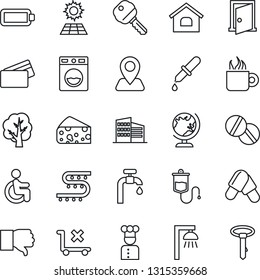 Thin Line Icon Set - globe vector, tree, drip irrigation, dropper, pills, disabled, navigation, no trolley, finger down, battery, house, sun panel, water supply, office building, key, cook, coffee