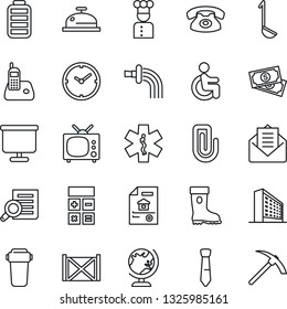 Thin Line Icon Set - globe vector, office building, calculator, document search, watering, boot, ambulance star, disabled, cash, container, radio phone, battery, mail, clock, presentation board, tie