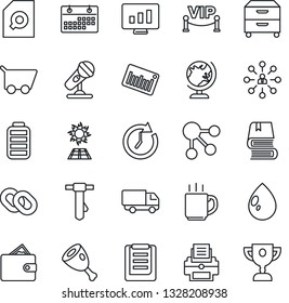 Thin Line Icon Set - globe vector, hierarchy, tie, statistic monitor, water drop, car delivery, clipboard, barcode, microphone, chain, battery, calendar, coffee, document search, printer, book, ham