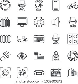 Thin Line Icon Set - globe vector, airport building, bike, term, monitor, phone back, mobile camera, settings, torch, eye id, application, clock, office, chair, cushioned furniture, heater, radiator