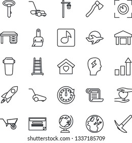 Thin Line Icon Set - globe vector, growth statistic, desk, brainstorm, ladder, wheelbarrow, lawn mower, axe, garden light, heart hand, plane, warehouse, themes, music, sweet home, water filter, tie