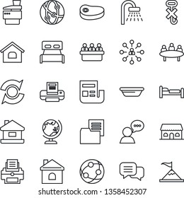 Thin Line Icon Set - globe vector, bed, shower, hierarchy, meeting, house, folder document, no hook, network, dialog, speaker, update, news, printer, copier, bedroom, cafe building, steak, bowl