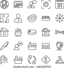 Thin Line Icon Set - globe vector, bed, shower, hierarchy, pen, manager place, house, seedling, term, network, speaker, update, user, calendar, copier, cafe building, steak, cheese, eye scan