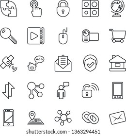 Thin Line Icon Set - globe vector, lock, speaking man, mouse, navigation, shield, satellite, video camera, cell phone, touch screen, share, chain, mail, mobile, data exchange, application, house