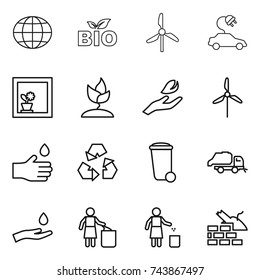 thin line icon set : globe, bio, windmill, electric car, flower in window, sprouting, hand leaf, drop, recycling, trash bin, truck, and, garbage, construct