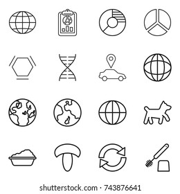 thin line icon set : globe, report, circle diagram, hex molecule, dna, car pointer, earth, dog, washing, mushroom, reload, toilet brush