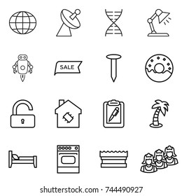 thin line icon set : globe, satellite antenna, dna, table lamp, jet robot, sale, nail, donut, unlock, smart house, clipboard pen, palm, bed, oven, sponge, outsource