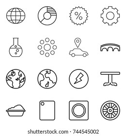 thin line icon set : globe, circle diagram, percent, gear, round flask, around, car pointer, bridge, earth, electricity, table, washing, cutting board, ring button, wheel