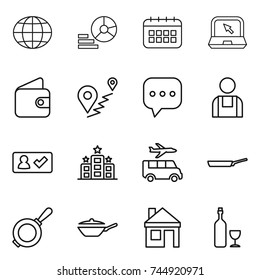 thin line icon set : globe, diagram, calendar, notebook, wallet, route, sms, workman, check in, hotel, transfer, pan, house, wine