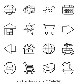 thin line icon set : globe, team, graph, calendar, warehouse, bang, cart, right arrow, left, house, transfer, no smoking, rocking chair, steake, handle washing