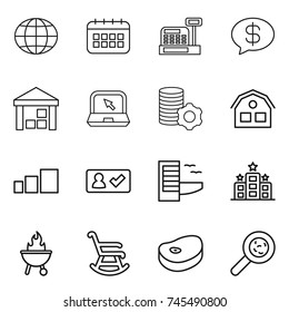 thin line icon set : globe, calendar, cashbox, money message, warehouse, notebook, virtual mining, house, sorting, check in, hotel, bbq, rocking chair, steake, viruses