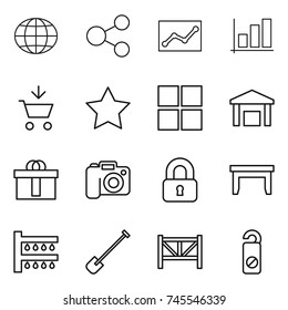 thin line icon set : globe, share, statistics, graph, add to cart, star, window, warehouse, hi quality package, camera, locked, table, watering, shovel, farm fence, do not distrub