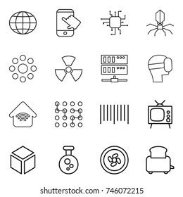 thin line icon set : globe, touch, chip, virus, round around, nuclear, server, virtual mask, wireless home, bar code, tv, 3d, chemical, cooler fan, toaster
