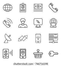 thin line icon set : globe, report, money, phone, call, woman, monitor arrow, notebook, satellite antenna, up down, wireless, server, mobile pay, location, basket, key