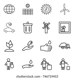 thin line icon set : globe, sun power, windmill, electric car, bin, flower in window, sprouting, hand leaf, drop, trash truck, and, garbage