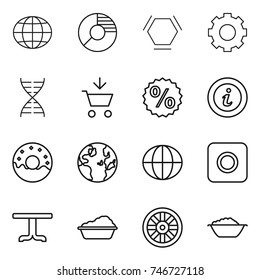 thin line icon set : globe, circle diagram, hex molecule, gear, dna, add to cart, percent, info, donut, ring button, table, washing, wheel, foam basin