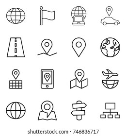 thin line icon set : globe, flag, notebook, car pointer, road, geo pin, map, mobile location, plane shipping, signpost, hierarchy