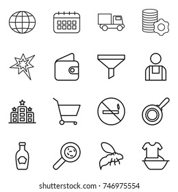 thin line icon set : globe, calendar, truck, virtual mining, bang, wallet, funnel, workman, hotel, cart, no smoking, pan, ketchup, viruses, wasp, handle washing