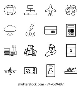 thin line icon set : globe, hierarchy, plane, atom, cloud wireless, infinity power, credit card, calculator, mall, modern architecture, real estate, barrel, ticket, identity, soil cutter
