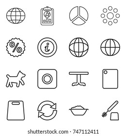 thin line icon set : globe, report, diagram, round around, percent, info, dog, ring button, table, cutting board, reload, foam basin, toilet brush