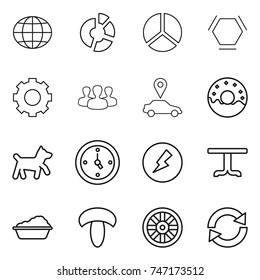 thin line icon set : globe, circle diagram, hex molecule, gear, group, car pointer, donut, dog, watch, electricity, table, washing, mushroom, wheel, reload